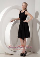 Knee-length Little Black Dress Scoop Chiffon Sash