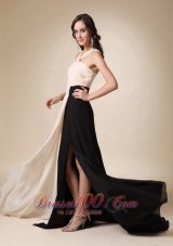 champagne and Black Keyhole Opening Chiffon Evening Dress