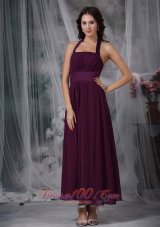 Dark Purple Prom Gowns Halter Ankle-length Chiffon Ruch