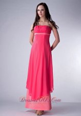 Coral Red and Watermelon Bridesmaid Dress Ruch Ankle-length