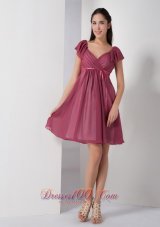 Cap Sleeves Burgundy V-neck Short Bridesmaid Dress