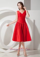 Tea-length V-neck Taffeta Red Evening Dama Dress