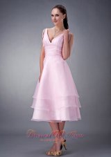 Baby Pink V-neck Layered Tea-length Bridesmaid Dress
