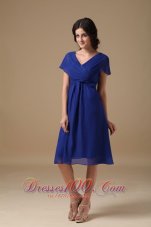 Short Sleeves Royal Blue V-neck Chiffon Mother Dress