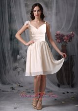 V-neck Off White Straps Chiffon Ruched Dama Dresses