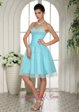 Baby Blue Beading Prom Party Dress Ruches Knee Length