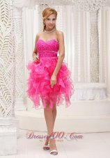Ruffed Hot Pink Beading Mini Length Homecoming Dress