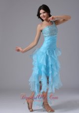 High-low and Beading One Shoulder Strap Prom Dress Blue