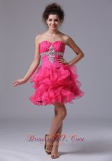 Sweetheart Mini-length Organza Beading Hot Pink Cocktail Dress