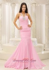 Mermaid V Neck Beaded Pink Celebrity Pageant Evening Dresses