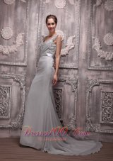 Gray V Neck Chiffon Beading Prom Formal Evening Dress