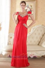 Cap Sleeves Beaded Red Prom Evening Dress Brush Train