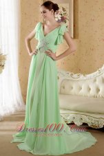 Apple Green Sleeves Prom Graduation Dress Beaded