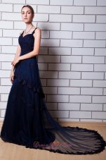 Navy Blue Appliques Straps Homecoming Dress Chapel Train