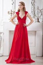 V-neck Beading Red Evening Prom Dress Brush Train
