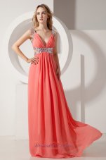 Watermelon Sequins V-neck Prom Evening Dress Chiffon