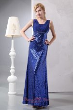 Sequins Ruched Straps Blue Prom Dress Fomal Evening