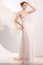 Appliques Light Pink Prom Evening Dress Straps Train