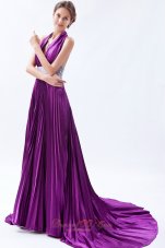 Sequin Halter Pleats Eggplant Purple Evening Dress