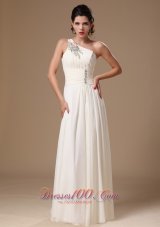 One Shoulder White Chiffon Beaded Prom Evening Gowns