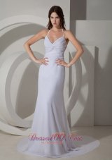 White Halter Prom Evening Dress Chiffon Court Train