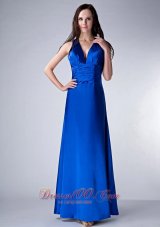 V-neck Ruched Royal Blue Prom Bridesmaid Dress Satin