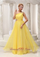 Beaded One Shoulder Ruched Yellow Evening Graduation Dress