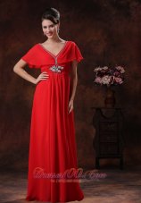 Red V-neck Prom Evening Dress Chiffon Short Sleeves