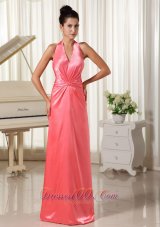 Watermelon Halter Top Ruched Evening Bridesmaid Dress