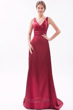 Red Ruched V-neck Bridesmaid Dress Taffeta Brush Train