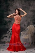 Red Mermaid Beaded Straps Prom Evening Dress Satin