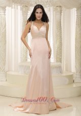 Straps Pink Elastic Woven Satin Ruched Bodice Evening Dress
