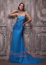 Blue Column Strapless Chiffon Appliques Prom Dress