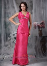 Hot Pink Column V-neck Taffeta Beading Prom Dress