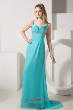 Aqua Blue Column Straps Chiffon Beading Prom Evening Dress