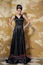 Black Column Brush Train Taffeta Sequins Prom Dress