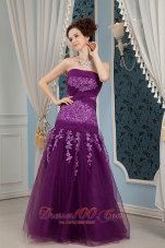 Purple Prom Dress Column Strapless Embroidery Tulle