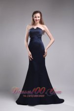 Column Strapless Satin Beading Navy Blue Evening Dress