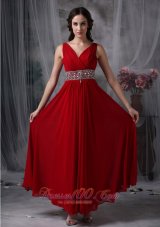 Custom Red Empire V-neck Chiffon Prom Evening Dress