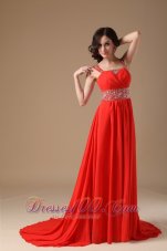 Red Evening Dress A-line Straps Chiffon Beading Court Train