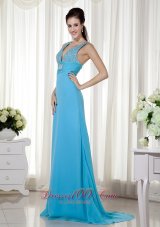 Baby Blue Column Prom Evening Celebrity Dress Chiffon Beading