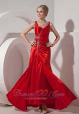 Pretty Red Evening Dress Column Straps Satin Beading