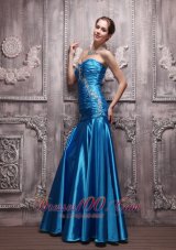 Blue Column Sweetheart Taffeta Beading Ruch Prom Evening Dress