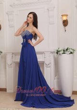 Blue Empire Sweetheart Court Train Chiffon Beading Prom Evening Dress
