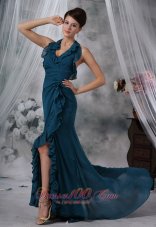 Halter High Slit Teal Chiffon Prom Evening Dress