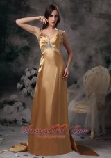 Formal Gold Beading Brush Train Prom Evening Dress