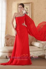 One Shoulder Red Watteau Train Chiffon Beading Prom Dress