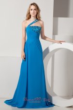 Fashionable Blue One Shoulder Brush Train Beading Prom