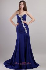 Blue Chape Train Appliques Prom Dress New Arrival