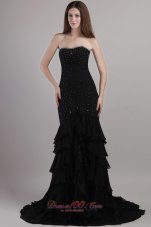 Black Trumpet Court Train Chiffon Beading Prom Evening Dress